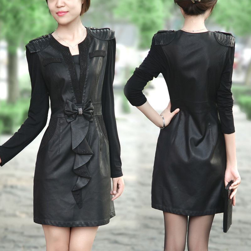 2012 autumn new arrival women's slim patchwork basic long-sleeve PU water washed leather skirt plus size one-piece dress