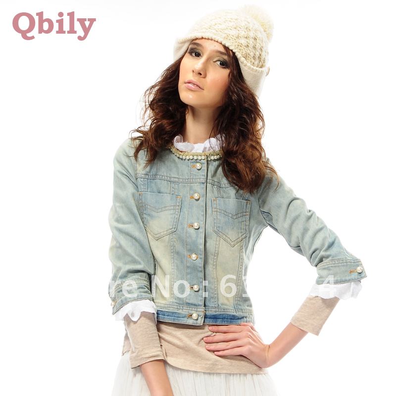 2012 autumn new arrival women's slim thickening short jacket lace fashion vintage denim outerwear female