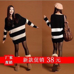 2012 autumn new arrival women's stripe batwing sleeve sweater outerwear loose plus size medium-long sweater