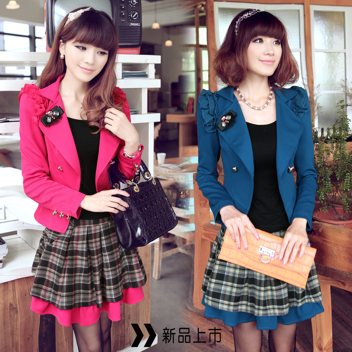 2012 autumn new arrival women's twinset suit plaid skirt set career dress set corsage