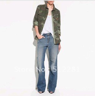 2012 Autumn New Fashion Army Green Camouflage pocket diamond military jacket female long-sleeve shirt coat Free shipping