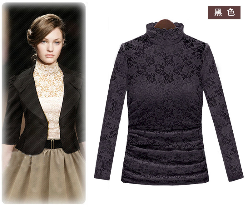 2012 Autumn New Fashion Euro Slim Fit Turtleneck Elegance Lace Long Sleeve Career Black White Blouses N5011