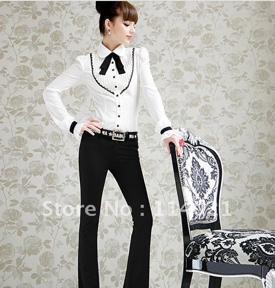 2012 autumn new fashion White college wind black tie pressure fold long sleeve blouse  Y8214