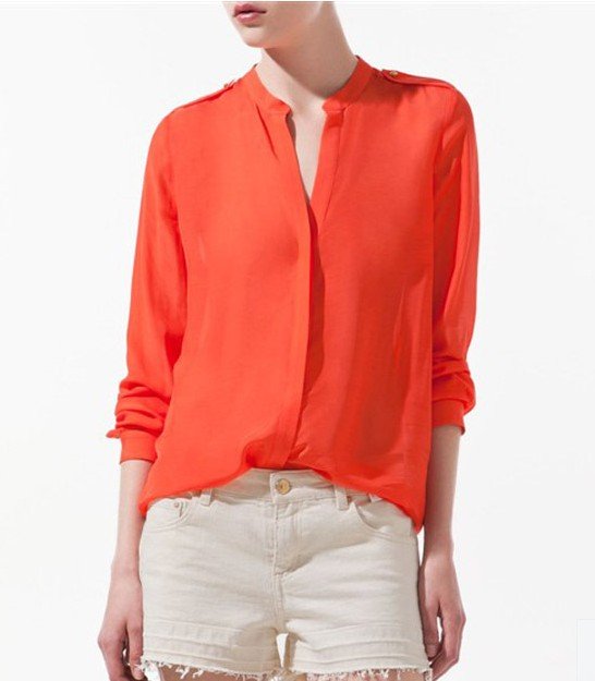 2012 Autumn new fashion  womens' chiffon Rivet shoulder OL style simple casual blouse Blue/oranget shirt long sleeve elegant