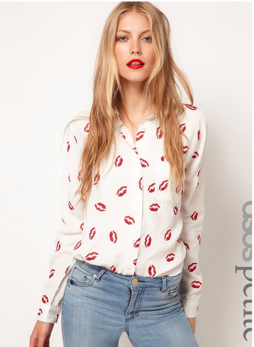 2012 Autumn new fashion womens' Hot Red lip print chiffon blouse quality elegant casual t shir slim brand design free shipping