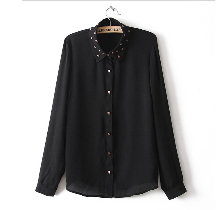 2012 Autumn new fashion womens' OL elegant Rivet collar chiffon blouse long sleeve quality casual t shirt slim brand design