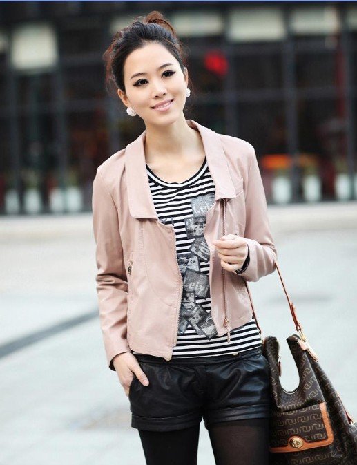 2012 Autumn New Fashion Womens Pink Korea Top PU leather Jacket Sweet SIdeling Zippers Short Coat Outerwear Short In Size P11