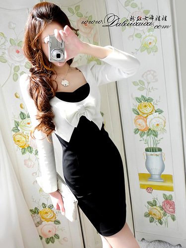 2012 Autumn New Women Contrast Color Long Sleeve Dress Slim Fit Bowtie Dress Fake Two Piece White Dress  S-L