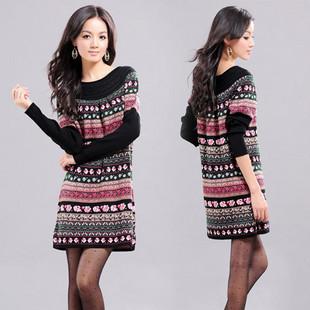 2012 autumn o-neck medium-long national trend jacquard cashmere sweater sweater dress one-piece dress outerwear