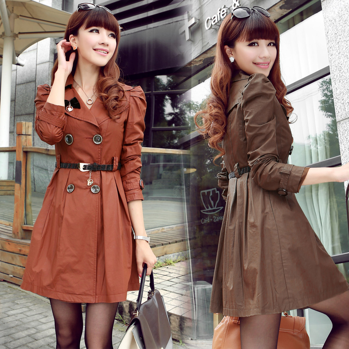 2012 autumn ol fashion formal all-match double breasted puff sleeve slim long design trench outerwear female