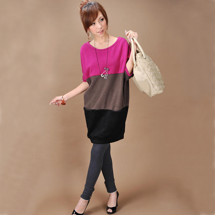 2012 autumn ol long design color block decoration short-sleeve dress loose long skirt plus size clothing