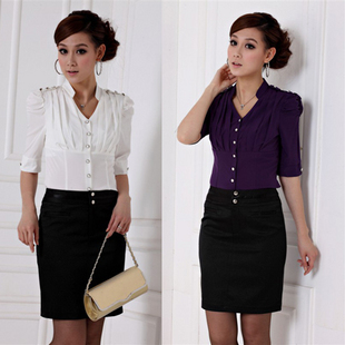 2012 autumn ol shirt set skirt fashion epaulette puff sleeve half sleeve shirt women's