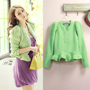 2012 autumn outerwear female smallerone slim waist puff sleeve double breasted sweater