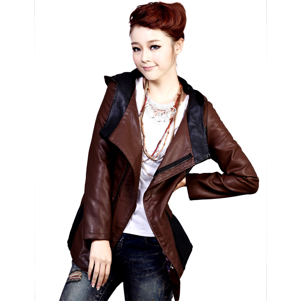 2012 autumn outerwear hooded motorcycle leather clothes plus size medium-long female leather clothing 1328