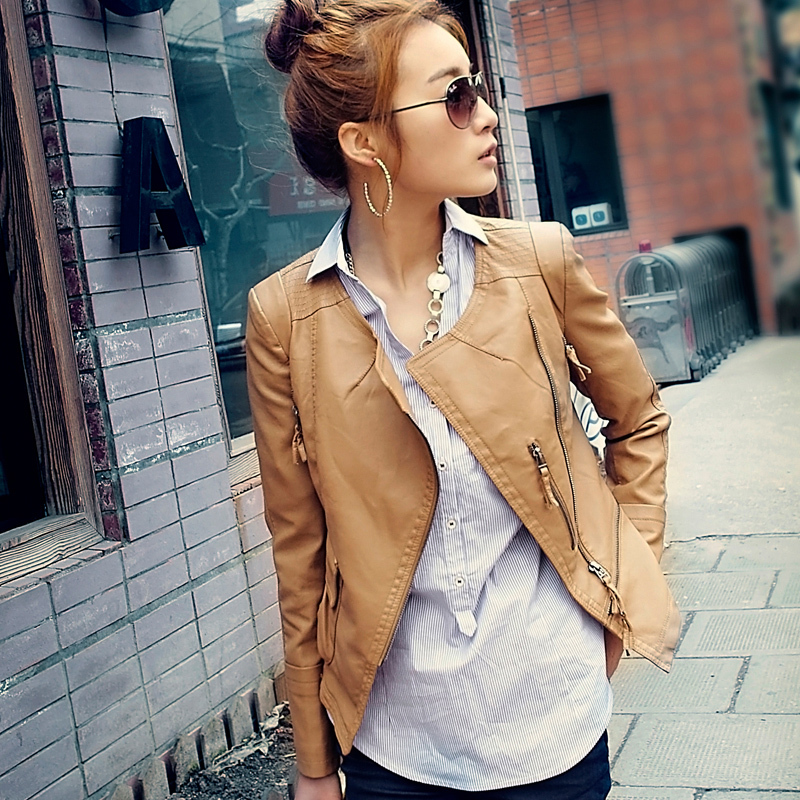 2012 autumn outerwear motorcycle short design slim PU o-neck small leather clothing 12b2101b