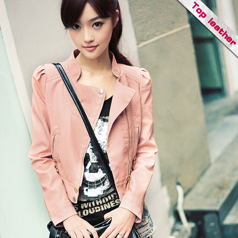 2012 autumn outerwear pink sweet gentlewomen short design slim stand collar small leather clothing women's f103 free shipping