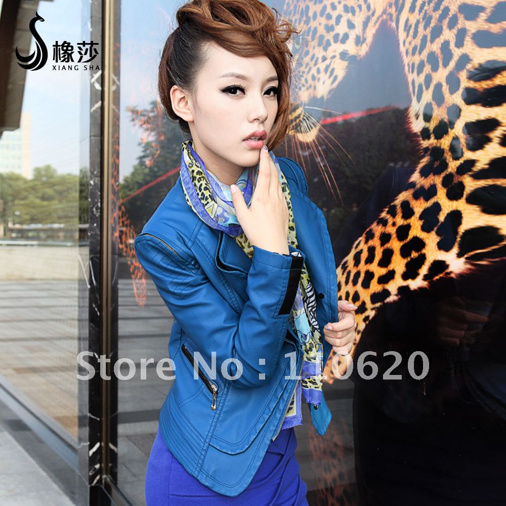 2012 autumn outerwear PU jacket fashion short design slim plus size stand collar women's leather clothing free shipping 0225