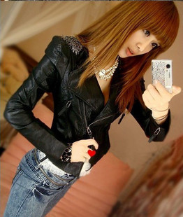 2012 autumn outerwear women's o-neck fur collar small leather clothing female short design slim PU water wash leather jacket