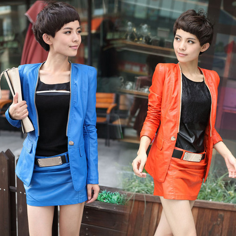 2012 autumn outerwear women's small leather clothing suit collar female short design slim PU jacket