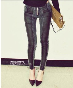 2012 autumn paragraph slim patchwork jeans skinny pants leather pants casual female