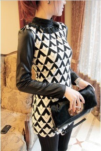 2012 autumn patchwork faux leather lace stand collar one-piece dress