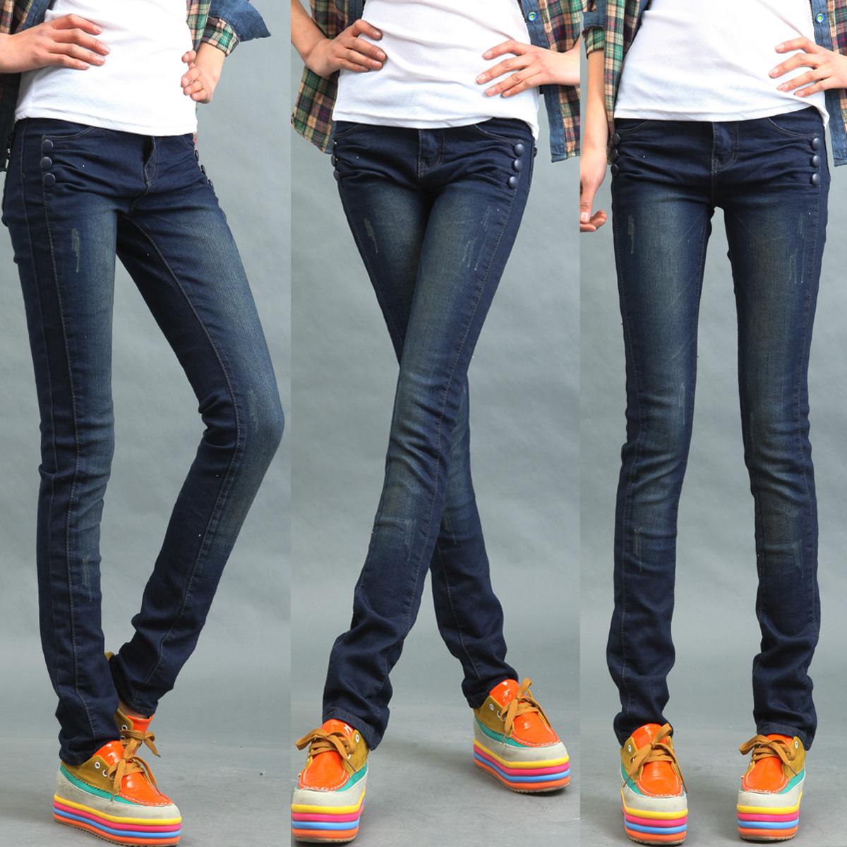 2012 autumn personalized patchwork fashion buttons denim pants pencil pants