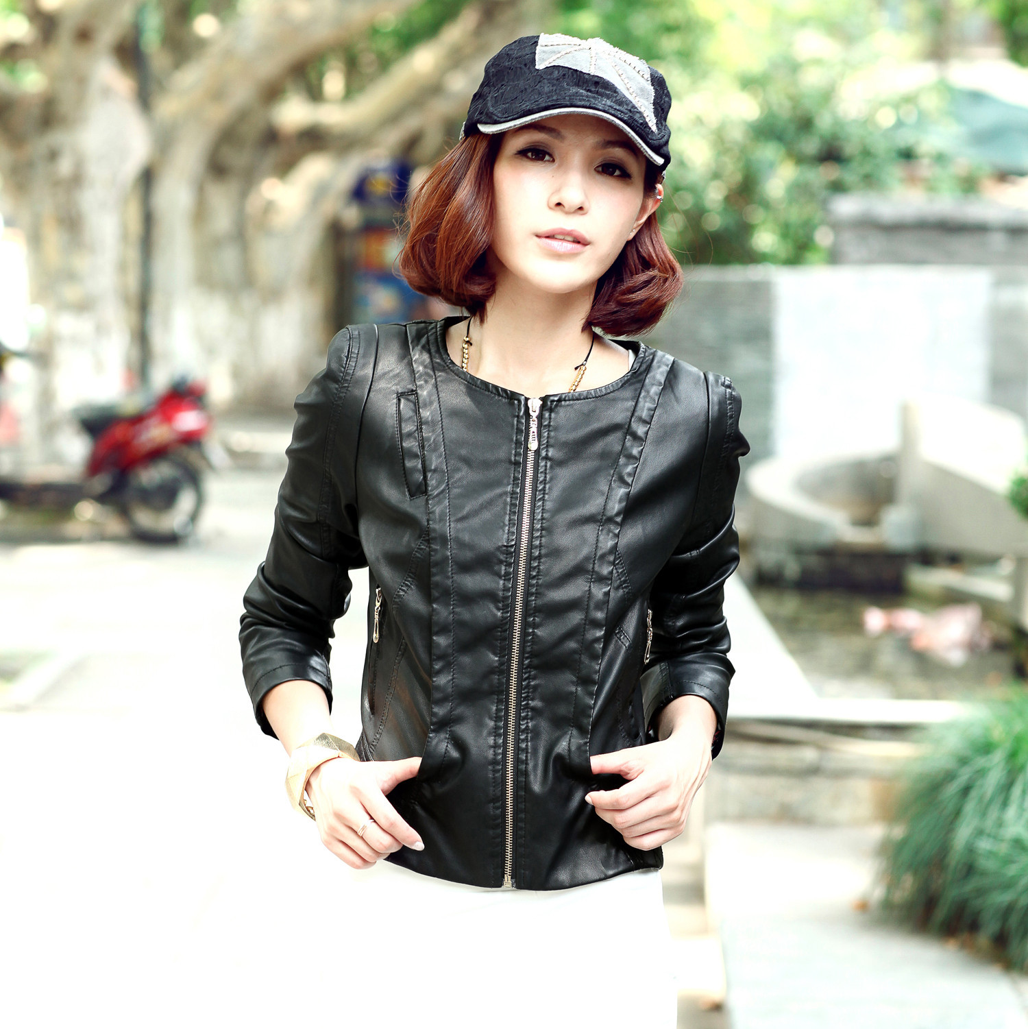 2012 autumn plus size leather clothing female short design slim water washed leather PU jacket o-neck outerwear hm0705