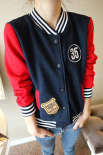 2012 autumn preppy style stand collar badge baseball color block outerwear plus velvet