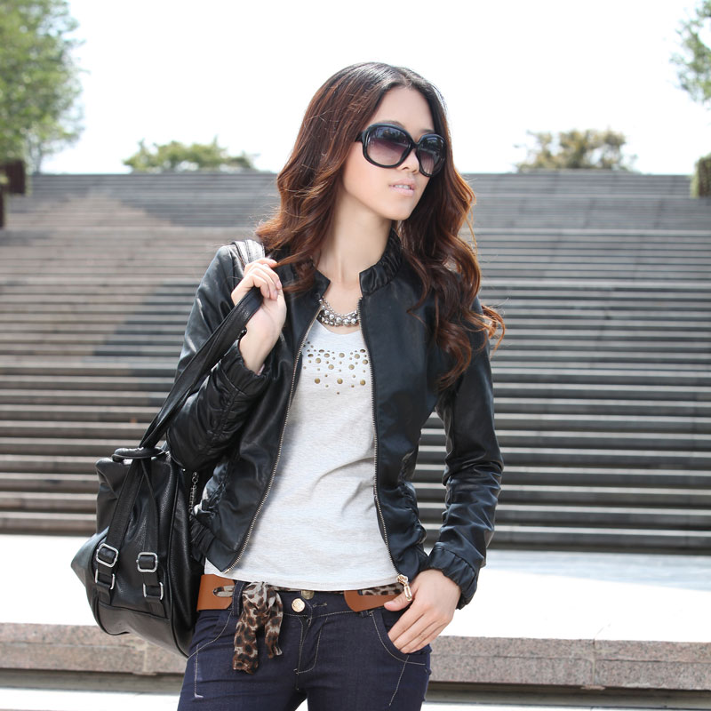 2012 autumn PU clothing female plus size black slim stand collar ruffle motorcycle outerwear women's leather clothing