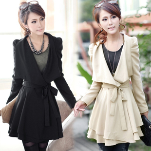 2012 autumn puff sleeve medium-long slim one-piece dress V-neck long-sleeve trench outerwear