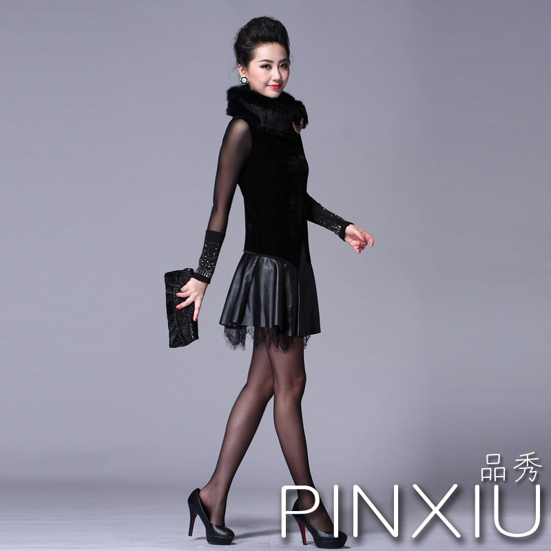 2012 autumn quality rabbit fur lace brooch black leather skirt tank dress one-piece dress female px0104