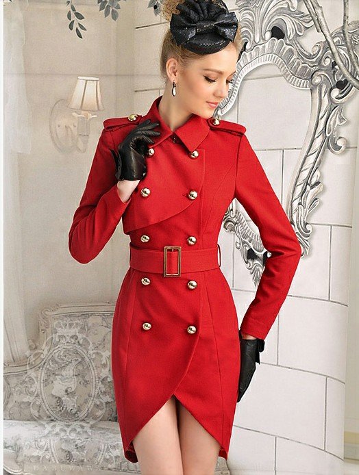 2012 autumn red double metal buckle  long-sleeve handsome military thickening coat  free shipping+wholesale