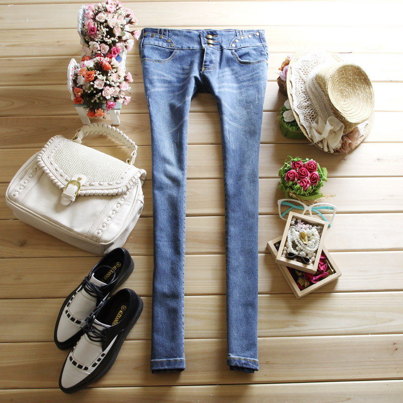 2012 autumn rivet breasted jeans female skinny pants wearing white water wash pants