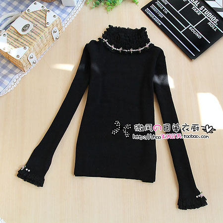 2012 autumn rustic flower rhinestone lace turtleneck long-sleeve slim shirt basic knitted sweater thickening