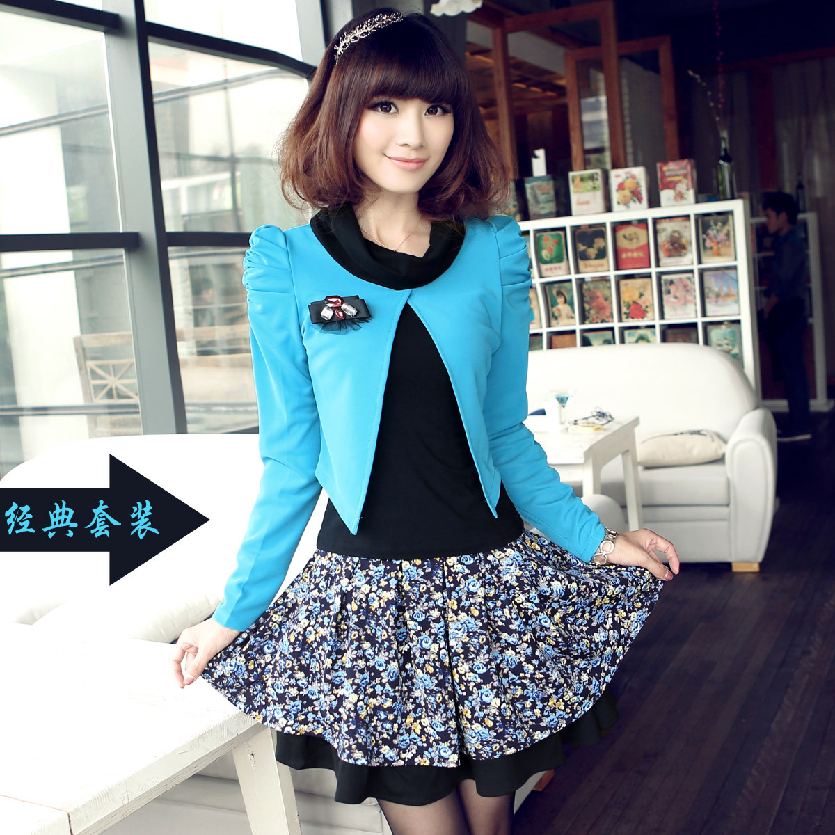 2012 autumn set twinset floral print dress corsage