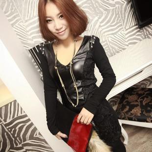 2012 autumn sexy V-neck rivet lace patchwork leather one-piece dress sexy one-piece dress