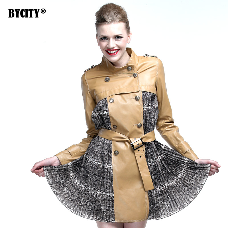 2012 autumn sheepskin genuine leather patchwork chiffon one-piece dress pleated skirt belt dress slim waist skirt