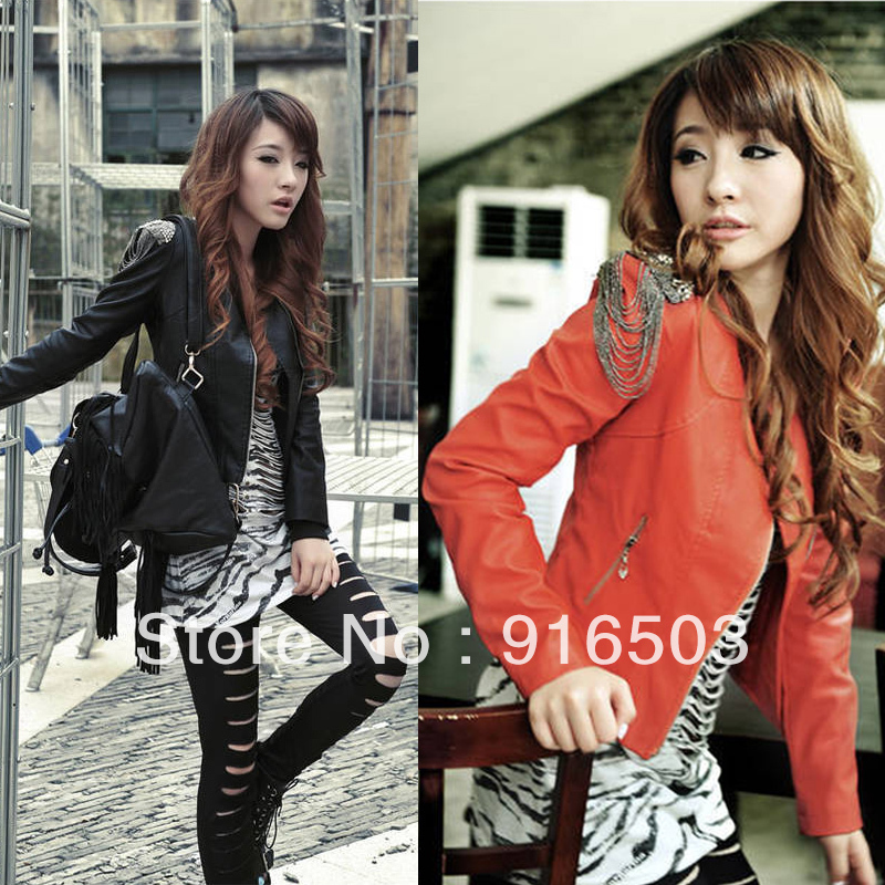 2012 autumn short design epaulette chain small leather clothing women outerwear jacket motorcycle jacket