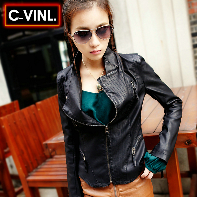 2012 autumn short design leather clothing black slim women's jacket PU water wash women's outerwear