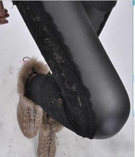 2012 autumn sidepiece high-elastic lace patchwork faux leather pants ankle length legging