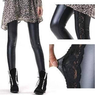 2012 autumn sidepiece high-elastic lace patchwork faux leather pants ankle length legging