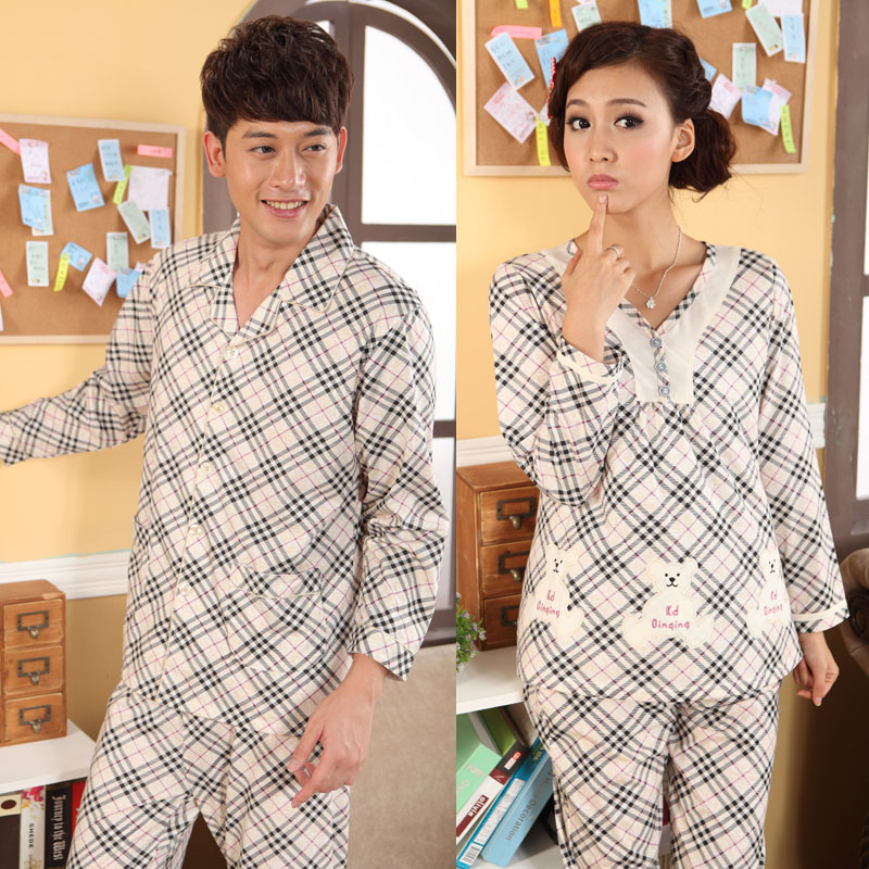 2012 autumn sleepwear lovers design plaid long-sleeve 100% cotton sleepwear twinset 100% cotton lounge