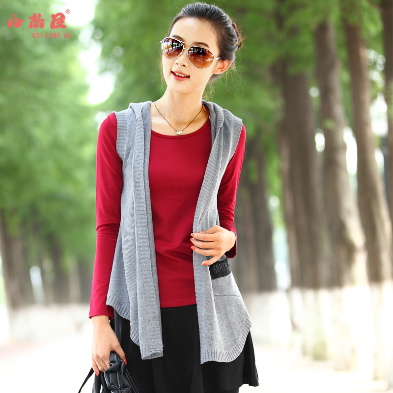 2012 autumn sleeveless cardigan solid color with a hood knitted vest female