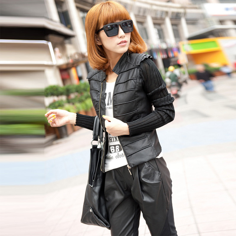 2012 autumn slim coat long-sleeve knitted sleeve patchwork short jacket female leather clothing