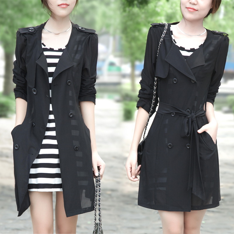 2012 autumn slim double breasted medium-long women's twinset plus size three quarter sleeve black trench