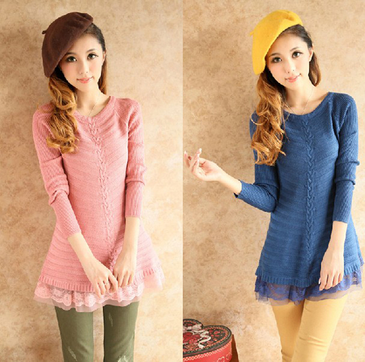 2012 autumn slim lace sweep medium-long basic shirt sweater women sweater lace