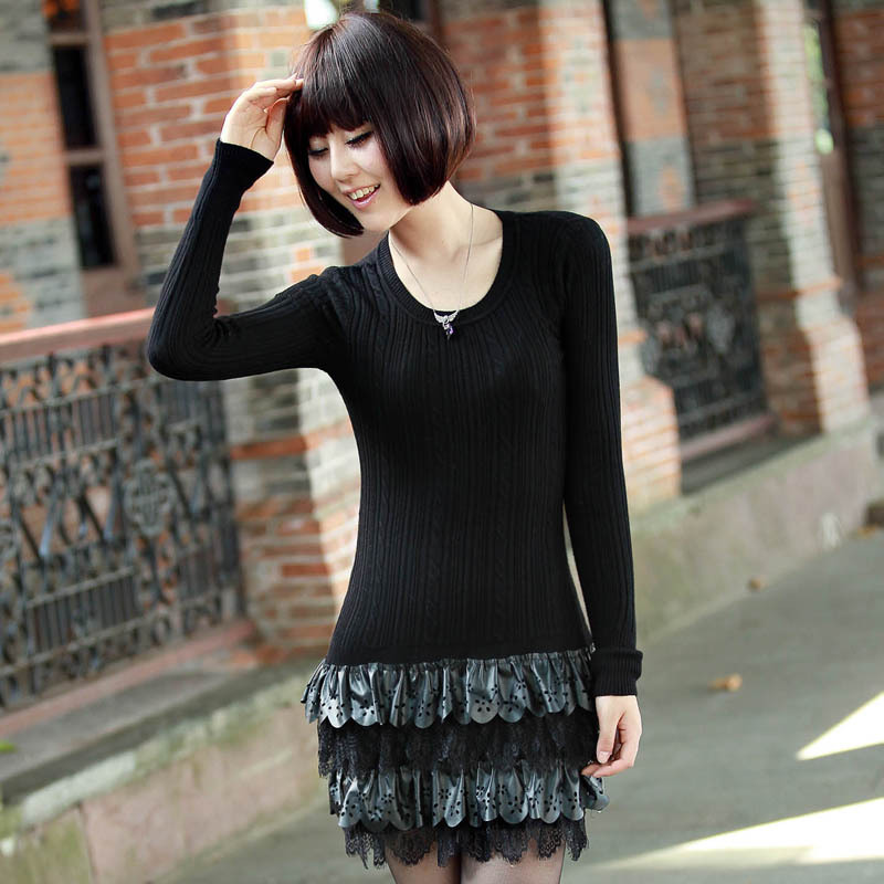 2012 autumn slim sweater female medium-long lace patchwork skirt belt