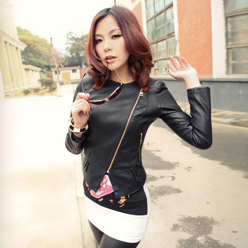 2012 autumn stand collar black water wash PU small leather clothing women's elegant slim short design outerwear