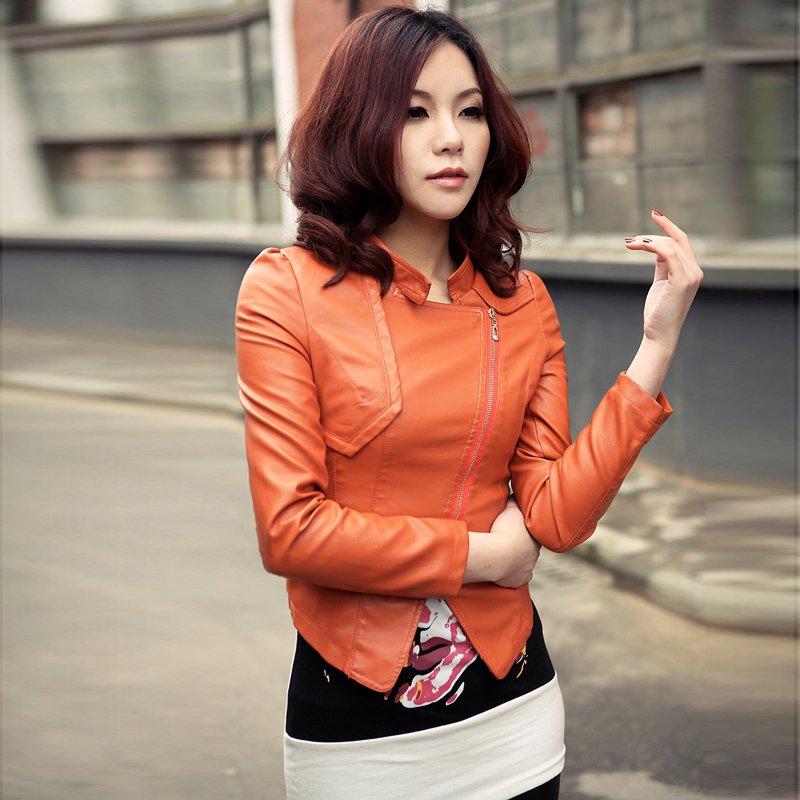 2012 autumn stand collar orange water wash  women's PU small leather clothing