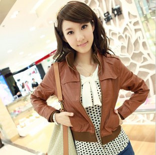 2012 autumn stand collar slim camel women's leather clothing short jacket